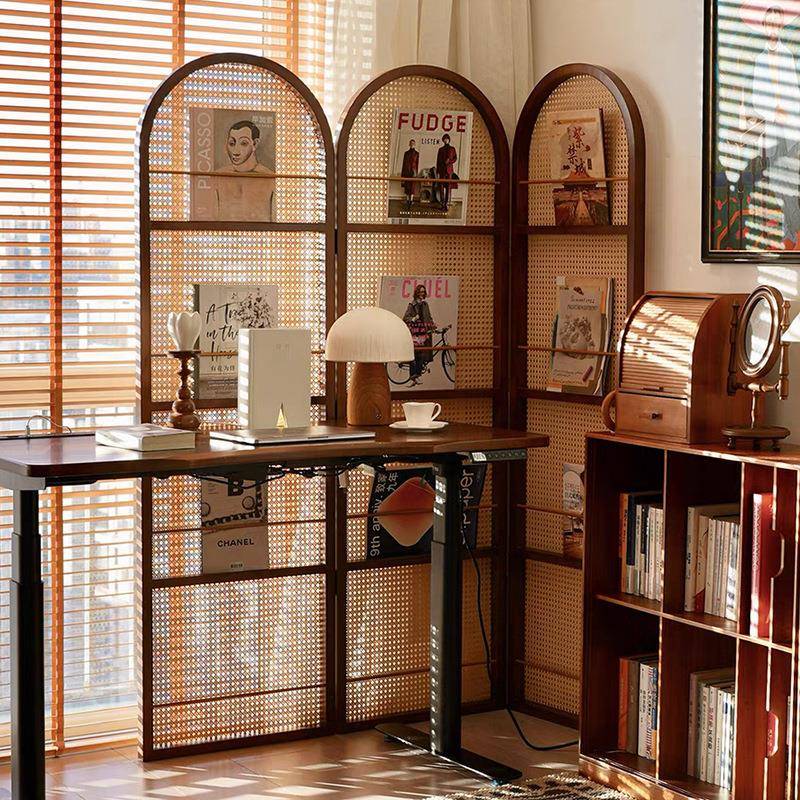 可折叠关藤HXR编屏风实木日复古玄遮挡屏展置物架家用可式移动示