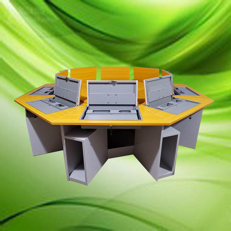 教六角转电脑桌翻台式办YLF公电脑桌多媒体多边形隐机藏式室房桌