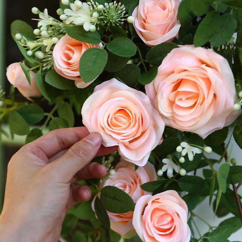 仿真国玫瑰法吊兰植jd101312塑假绿花壁挂花藤室料内墙面装饰仿真