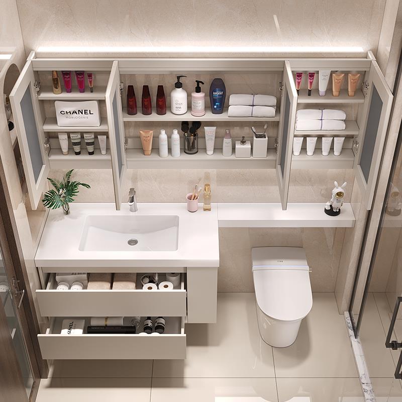 ZVF4I风定制奶油岩板无缝陶瓷盆浴室柜组延合长台面切洗手台角洗