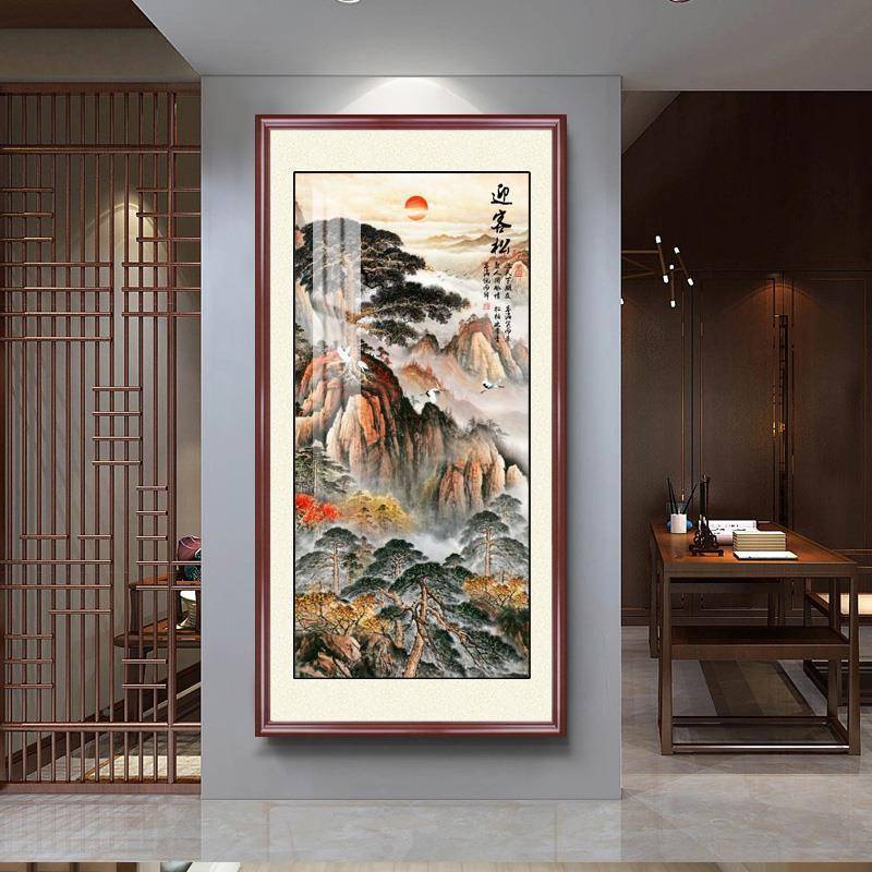 迎客松客厅中水式入户玄关装饰OZR竖字画版廊过道办公室山国走画