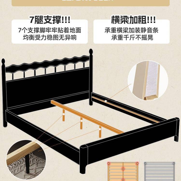 法式复古实木床美式轻奢黑色双人单人床现代简约主卧薄床头中古风
