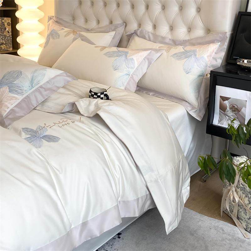 轻撞奢高端生TIL1活00宽S长绒棉边色刺绣四件套全棉酒店民宿