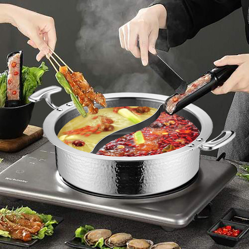 304三层钢宽边锤纹商用鸳鸯锅