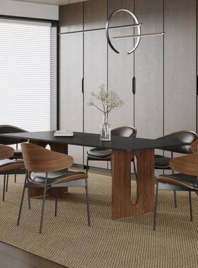 古风复古岩板餐桌家用中长方形长桌白RNQ蜡木桌黑胡桃色实木餐椅