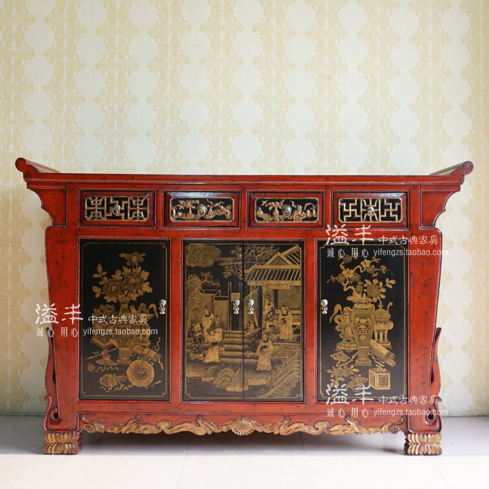 新中式仿古实木描金玄关柜