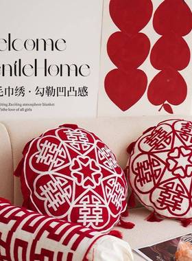 新婚婚字喜抱枕红色结喜庆婚礼婚房布SY250518置沙靠枕家用发床头