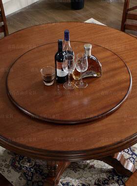 美式乡村带厅转盘圆餐形桌复古圆桌现代全实饭木雕花中古MAQ餐桌