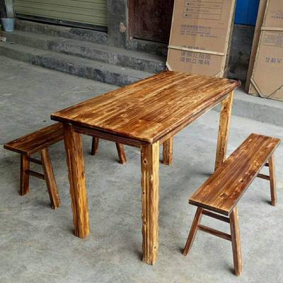 实木碳化餐桌椅快店条形柏餐桌食堂木馆木质火烧木餐餐sby002餐桌