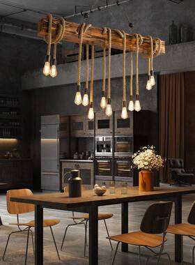 复古RYD215-X工业风长方盒麻吊灯船木意餐厅吧台创店铺个商用性绿