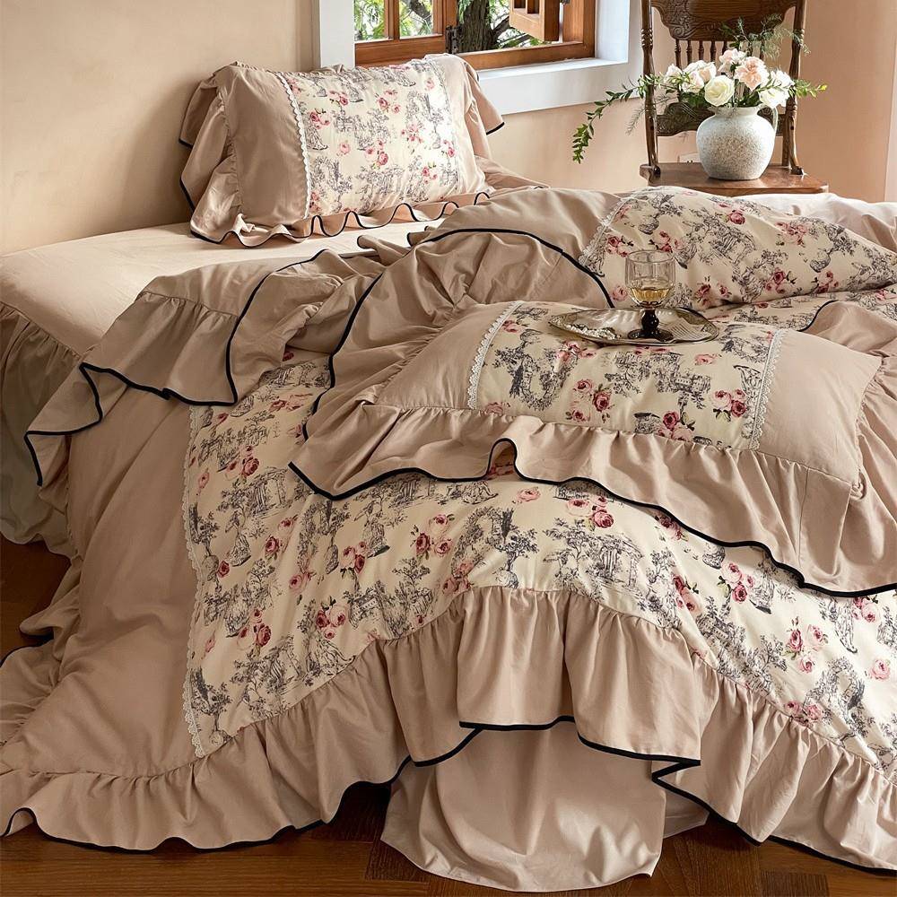 法式复叶古风长棉套磨毛四件绒清新花XM卉荷边被套床单床裙款