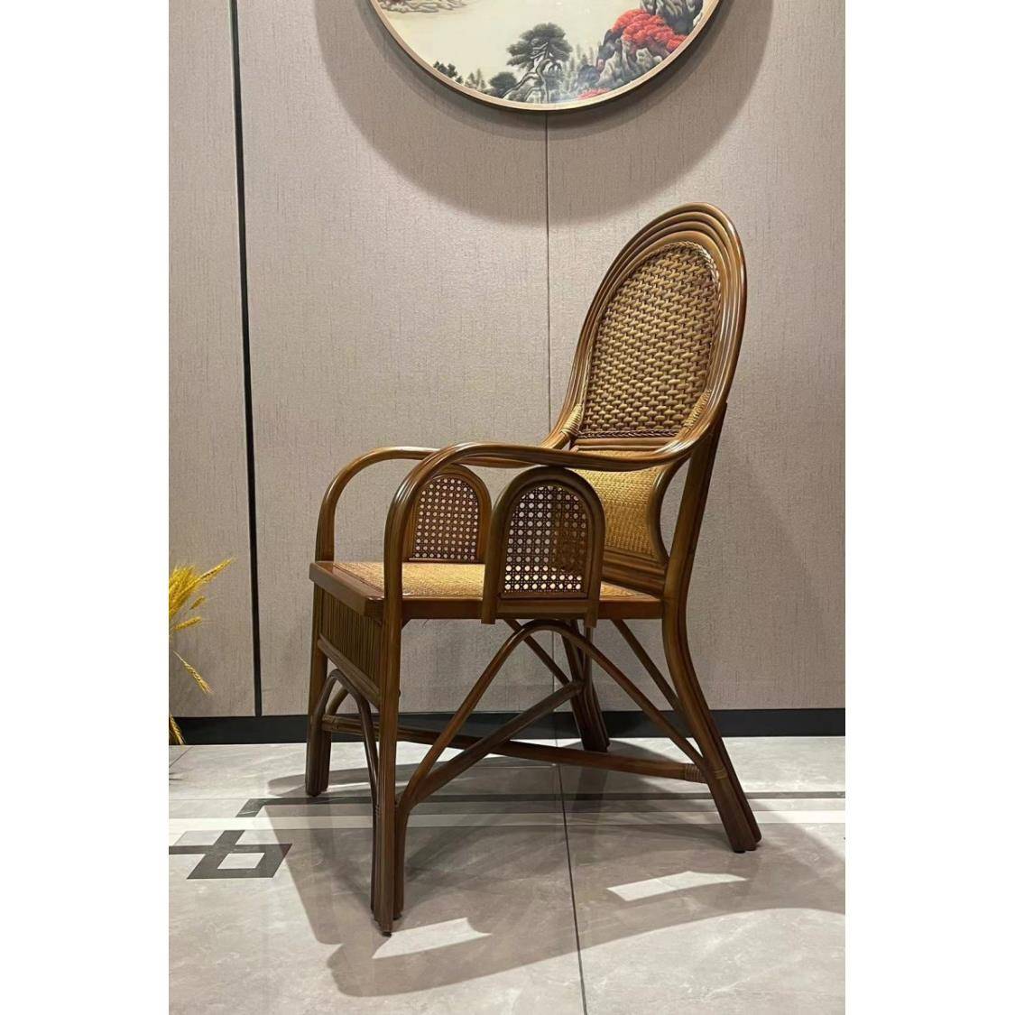 9天然藤老人靠背椅背单人U家用休闲高真靠椅子藤椅办公棕F77H69MH