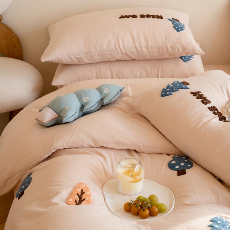 V5O田小清新A类双层纱件套可爱毛四巾绣纯棉园床上被4套F77JHTH5