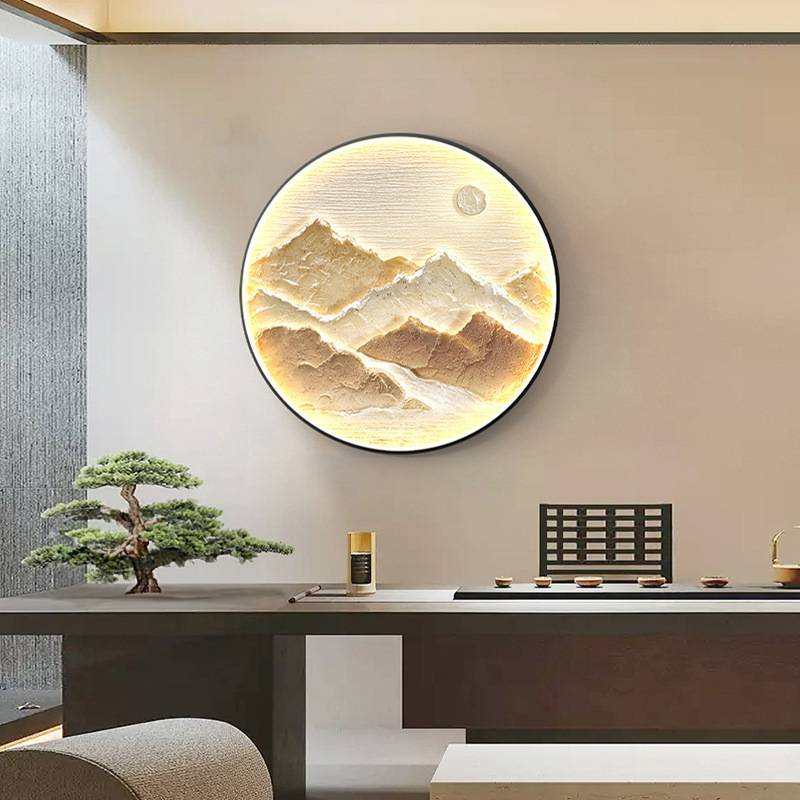 圆形山水画玄关装饰画入户挂画现代轻奢高档壁灯茶室壁画新中式图片
