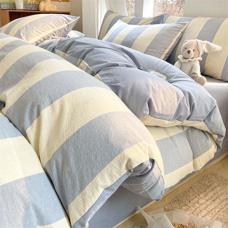 FEI全A类宿条纹格子棉棉水洗床单四件套纯棉床上用品舍被套3件套