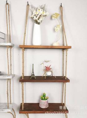 墙上木质置物架免打孔麻绳一AKZ字板隔木质壁架挂客厅墙壁装饰架