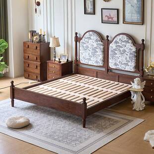软全实木床法复NTMY-G30古1.5米1.8双人中古风包靠背式红橡木床主