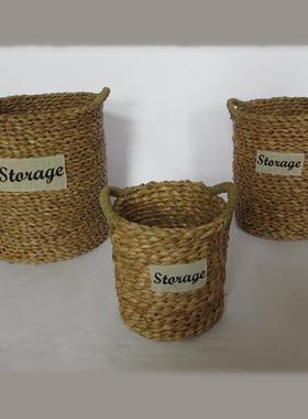 草编编桌织水草收纳纳筐带盖储物篮面收纳盒脏衣服收编箱圆HS-006