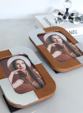 新台HY-91105款皮革拼接相框桌面卧室客厅办公室摆时金属相框书房