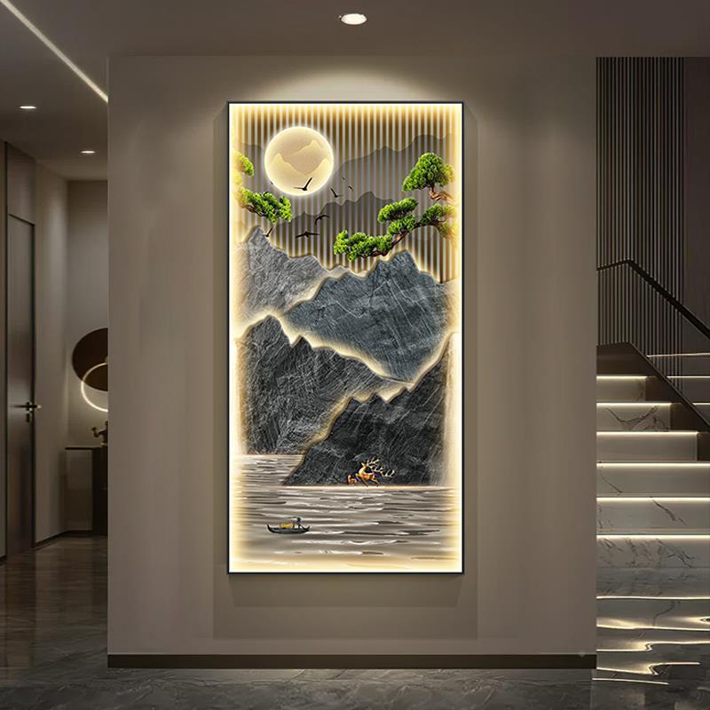 轻奢KDP高走廊入山水壁画松迎客新中式玄档关装饰画户正对门挂画