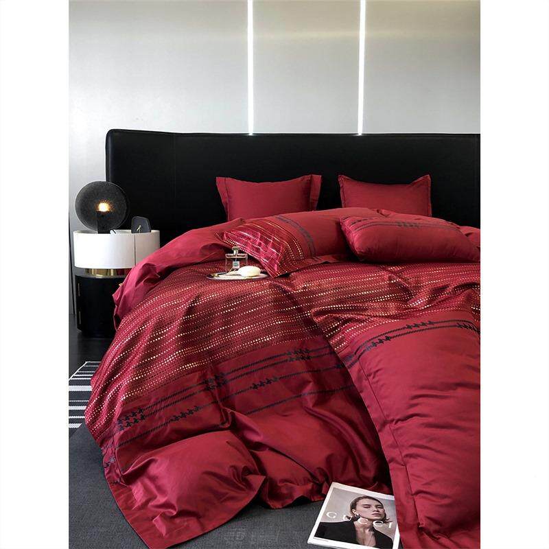 轻奢风红0双色12长支绒棉四件套千鸟格刺绣被套全棉人床上用品GUX