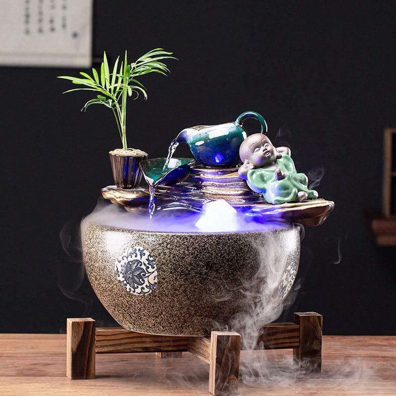 新中式陶瓷水缸创意假山喷泉循环水加湿家居办公桌面流水摆件