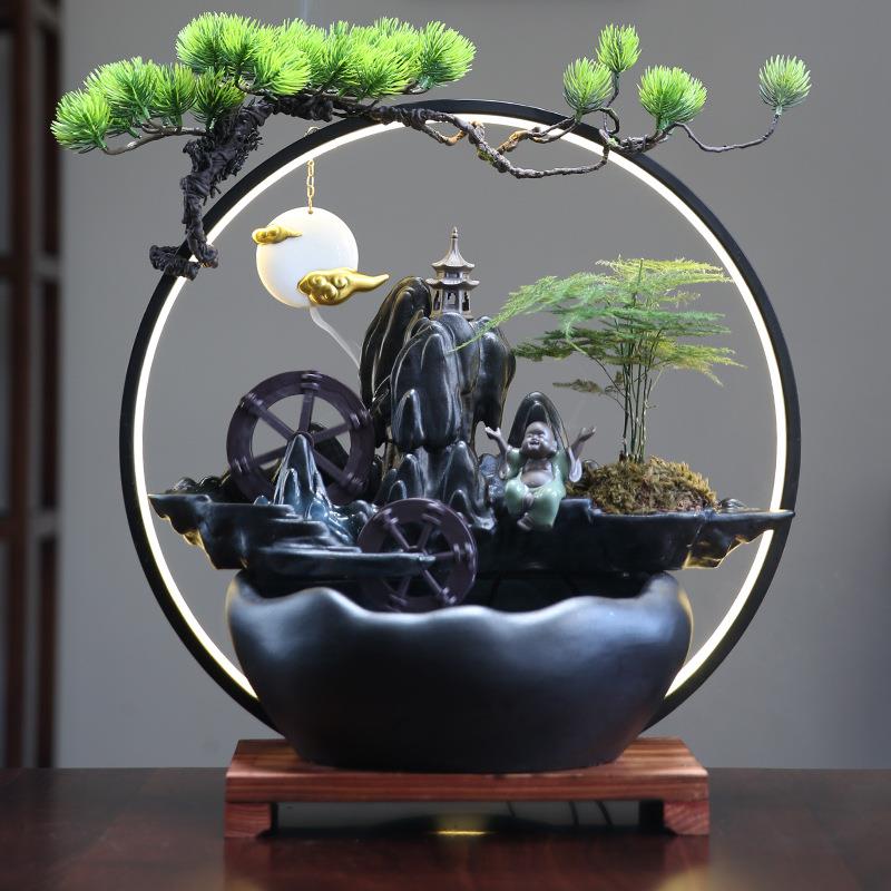 新中JFQ车式陶瓷水摆件循环水办公室招财客厅加湿假流山泉喷茶桌