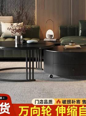 岩板圆形茶几客厅家202用5新款意奢现代简约HAU小户型轻黑色式极