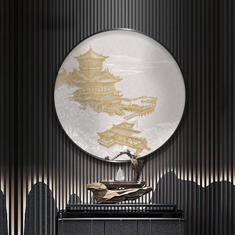 新中式圆形玄关装饰画古代建筑走廊挂画客厅别墅中国风意境墙壁画图片