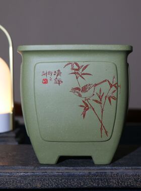 苏玲中号原矿绿泥刻绘紫砂花盆
