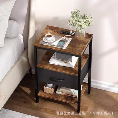 复纳古木铁结合带屉床头柜充电A24320式家用床边收边抽桌卧室置物
