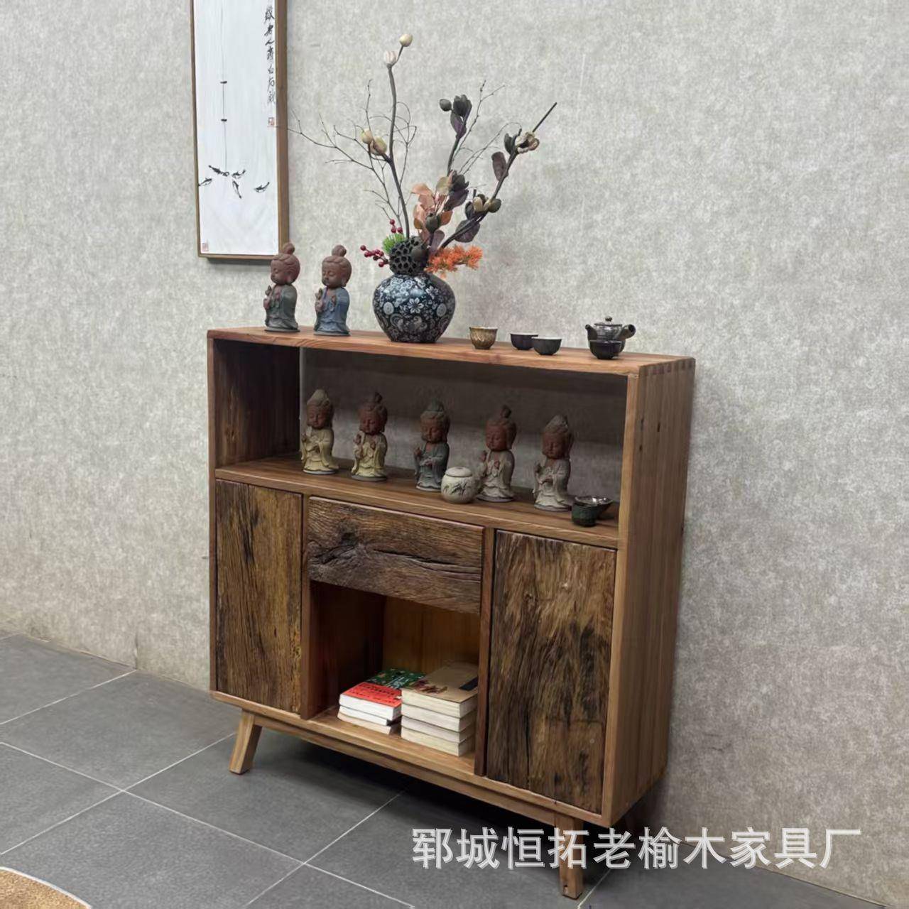 164实木玄关餐边柜墙矮柜整理柜复茶靠室储物柜老餐榆木古边柜