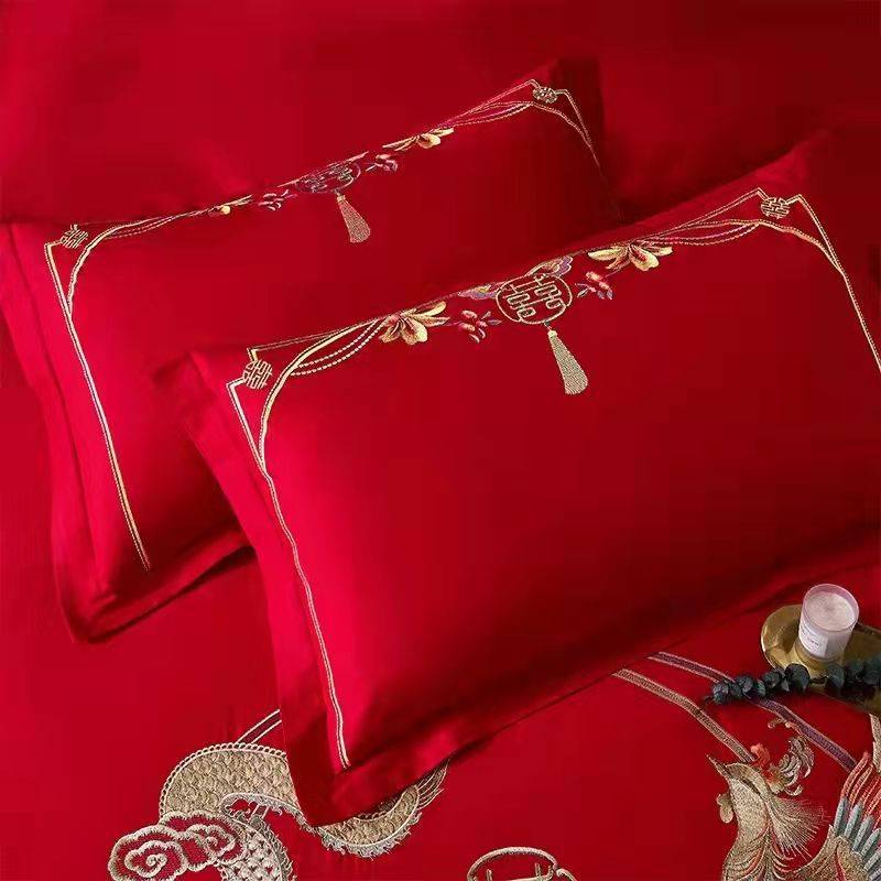 高档结婚喜庆大红色纯棉枕套一对装中式刺绣枕头套喜字全棉枕芯套