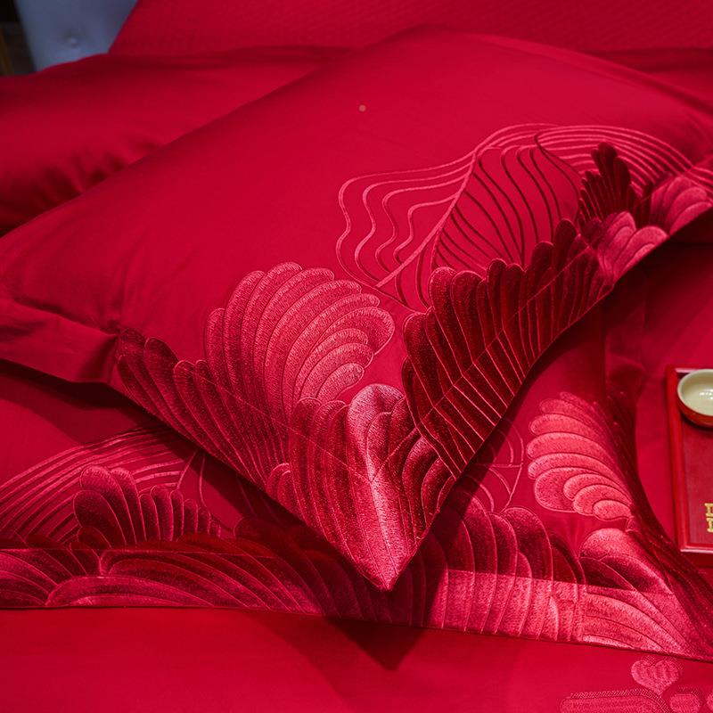 轻奢长大IAG红140支绒棉提花刺六绣婚庆四件套高端婚全棉贡缎嫁件