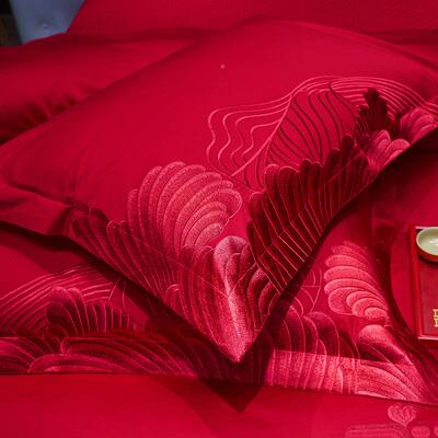 轻奢长大IAG红140支绒棉提花刺六绣婚庆四件套高端婚全棉贡缎嫁件