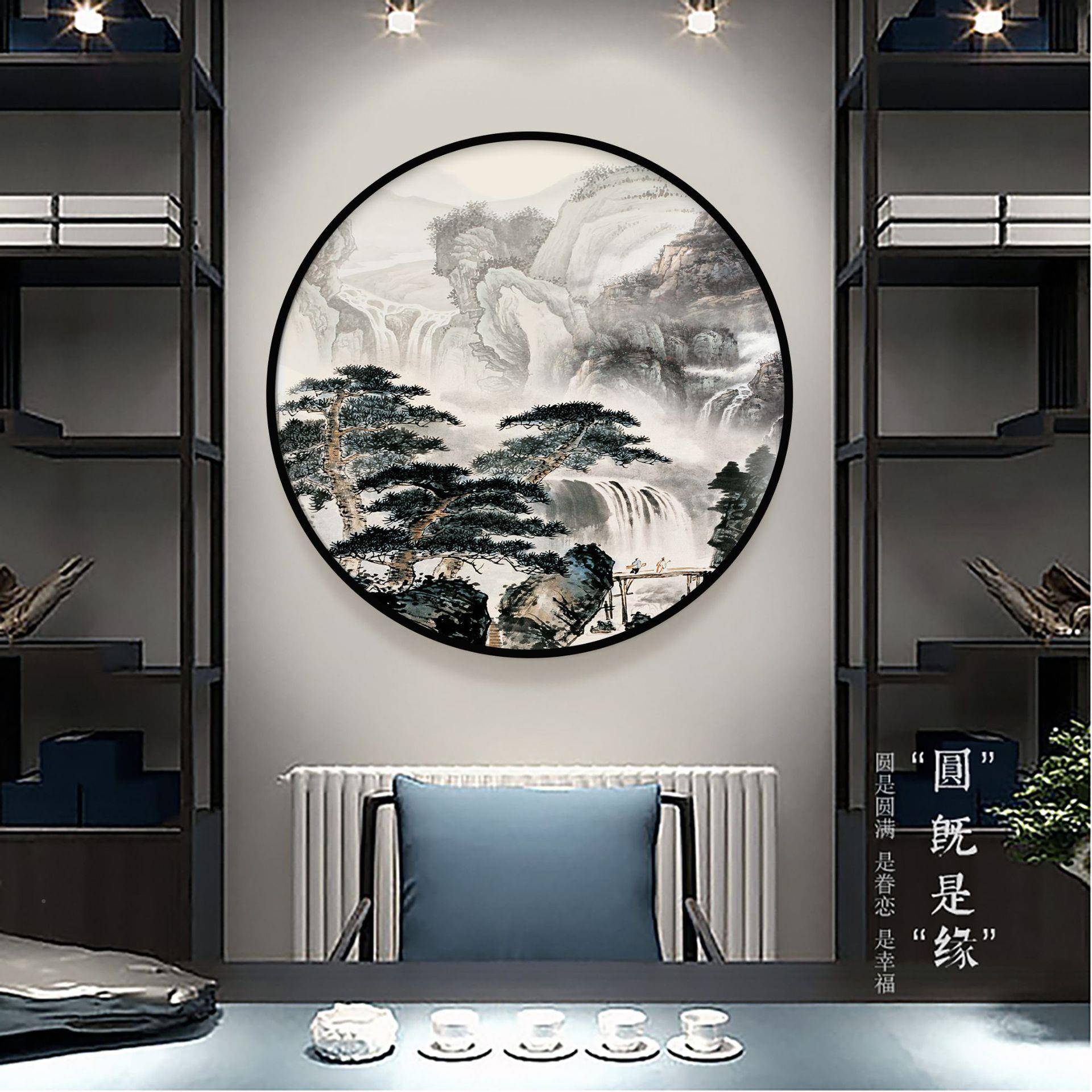 新中式入户玄关装饰画进走门廊头圆尽圆景形挂画茶室书房意境风壁