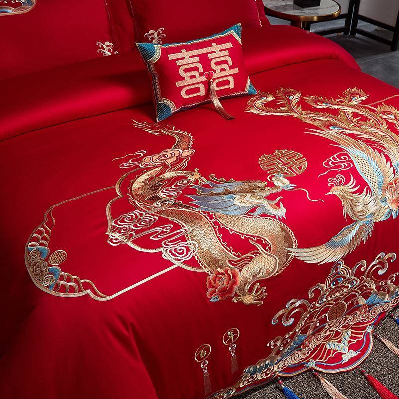 新款大EUS红120全棉贡缎提花婚庆四件套套件新婚床品喜多庆S床用