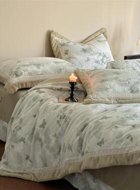 A简约复古印花慕丝类套绒四瑚件套素雅保暖珊YANGQI绒冬季加厚被