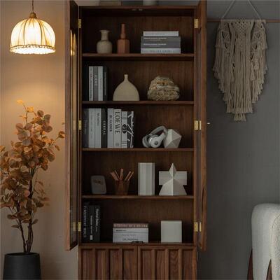 北美黑胡书桃木全30106实木书柜简约式架现代日纳式书房玻璃展示