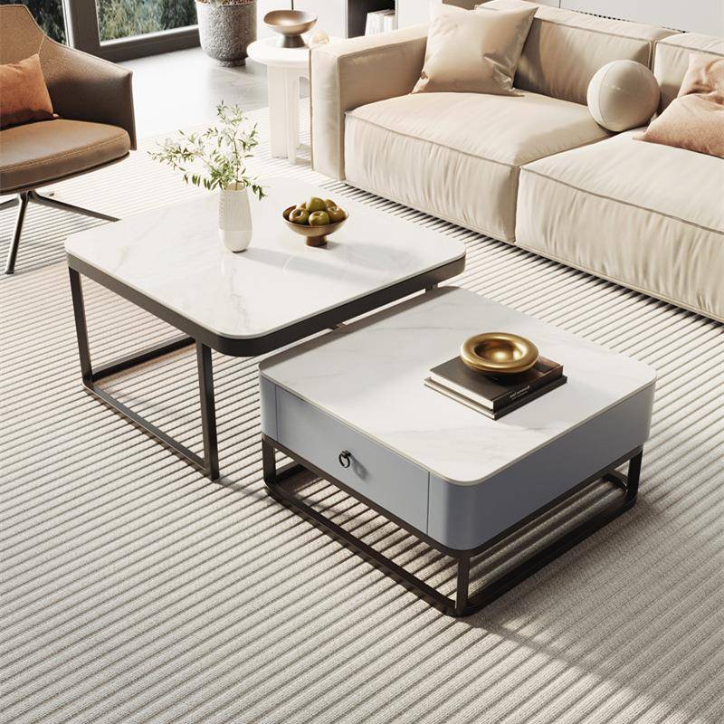 意式轻亮面岩板方形桌茶几玻璃奢现代约客厅家用A977茶几子大小组