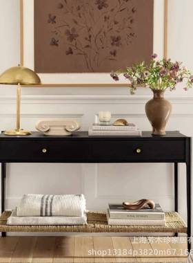 美式复古沙实木关桌发靠背边条桌入NFJ户门厅案走廊隔断装玄饰摆