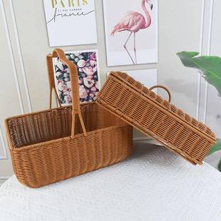 仿家藤编收手工织ACT手编提篮纳篮带盖野餐双层篮子用长方形拜拜