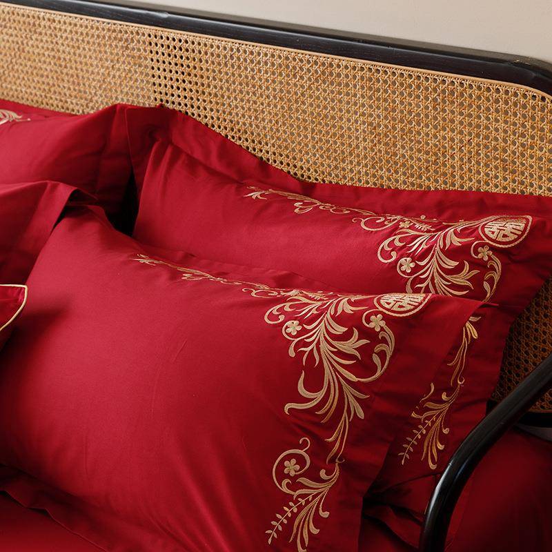 婚庆棉1WNR0用0支长绒棉四件套大红色.刺绣被套全棉18m结纯婚床上