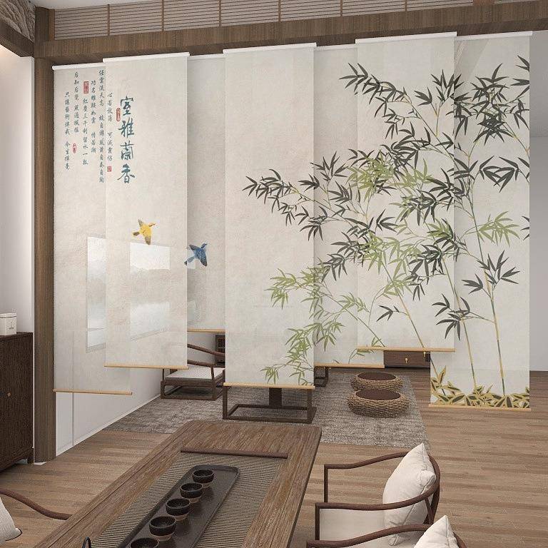 新中式墨2223竹画卷式客厅茶室电动水升降卷帘窗帘遮字阳风隔屏断