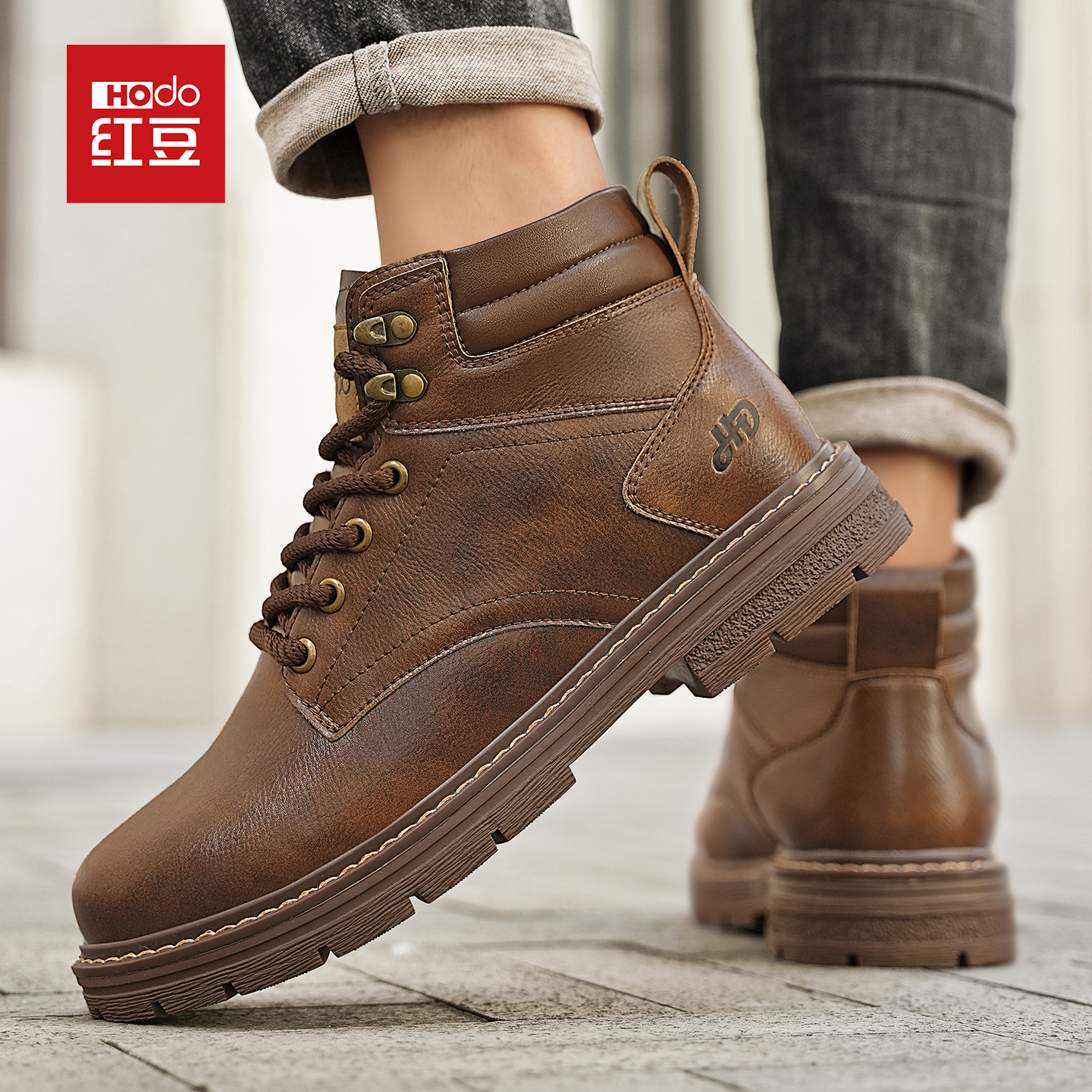 红豆马丁靴男款2025秋新款厚底百搭英伦风高帮靴子复古户外工装靴