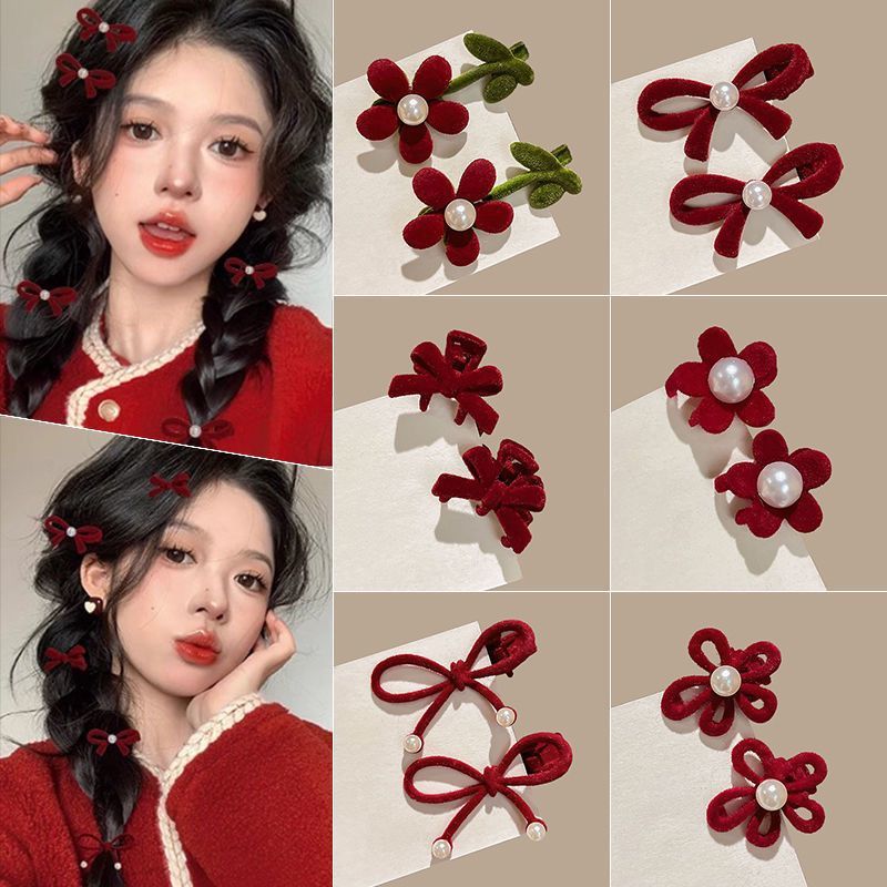 秋冬植绒复古红色迷你发夹女款蝴蝶结编发侧边刘海鸭嘴夹发卡头饰