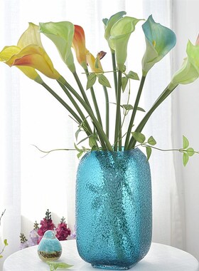 蓝色琉璃花瓶高档创意艺术客厅方E形玻璃工艺品花器插花装饰摆件