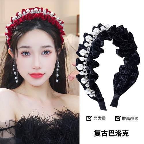 珍珠丝绒发箍女秋冬高颅顶新款气质宽G边发夹发夹头饰高级感发箍