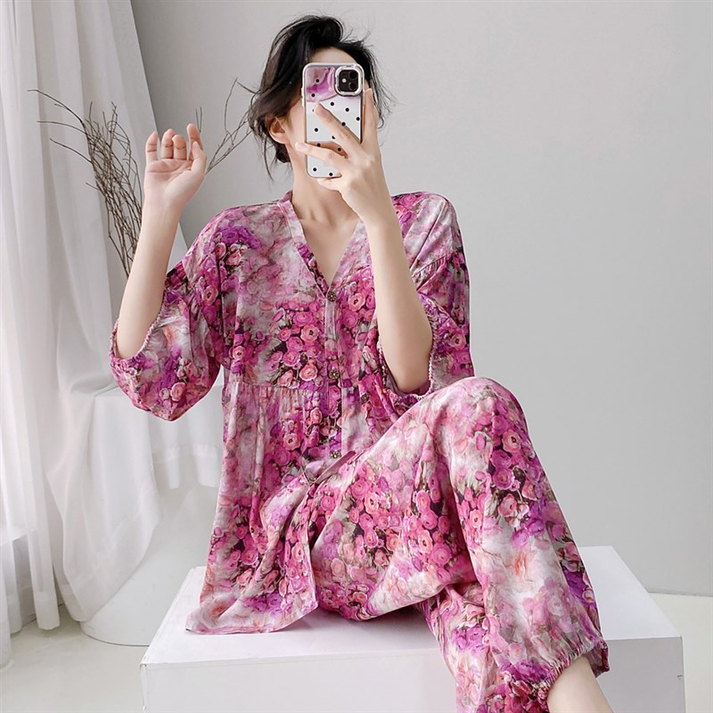 带胸垫防凸点夏季新款绵绸中老年睡衣女套装妈妈宽松棉绸家居服