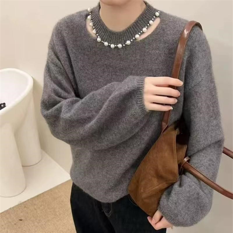 秋冬毛茸茸羊毛镂空别致圆领慵懒风宽松毛衣韩版V领百搭女装长袖